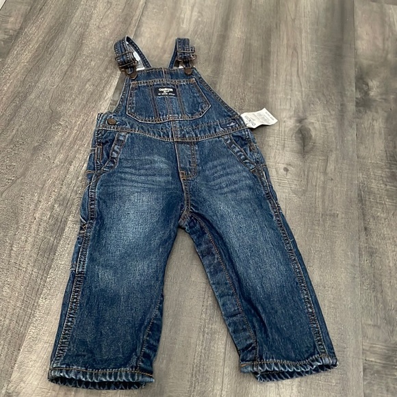Oshkosh B'gosh Boy Blue Jean Bib Overalls 12-18 months lined flannel NEW - Picture 1 of 6